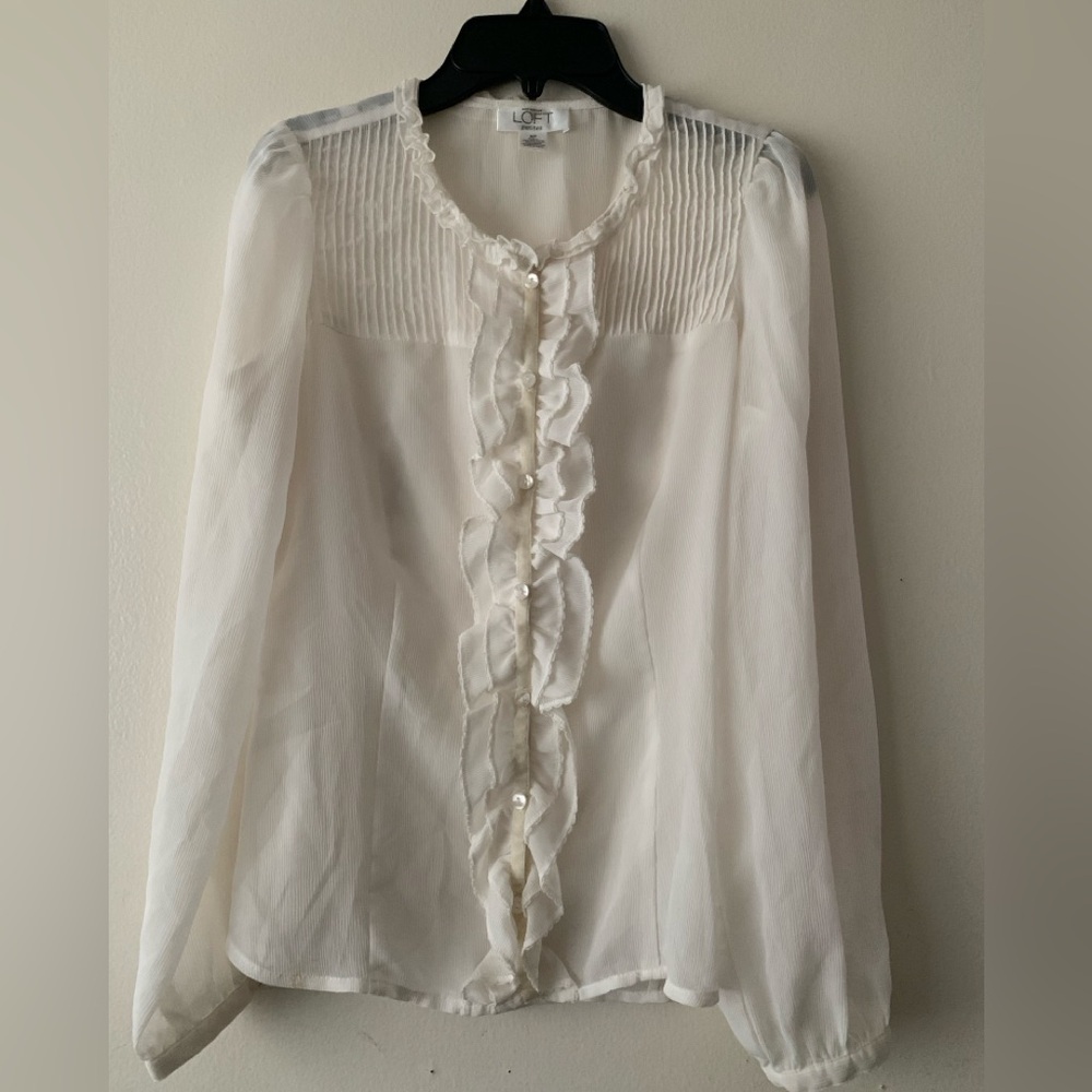 LOFT White Pleated Ruffle Blouse with Mandarin Collar